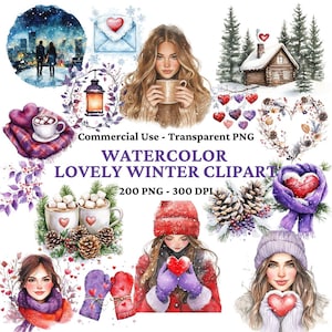 200 Aquarell Schöner Winter ClipArt - Gemütliches Romantisches Winter Clip Art Bundle, Urlaub PNG, Winter PNG, Cottagecore Clipart, digitaler Download