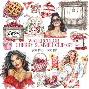 Set di 200 Clipart di ciliegie estive, simpatici adesivi in formato PNG di ciliegie acquerellate, inviti, scrapbooking, sublimazione e design estivi, fiori di ciliegio