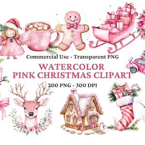 200 Pink Christmas PNG Clipart - Watercolor Pink Christmas - Elements for Christmas Crafts - Junk Journal - Neutral Christmas-Commercial Use