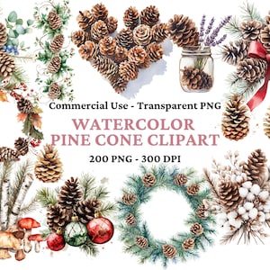 200 Clipart aquarelle pommes de pin - Noël Clipart Bundle - hiver PNG - branches de pommes de pin PNG - hiver botanique - usage Commercial