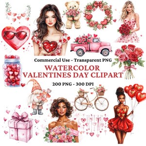 200 Watercolor Valentines Day Clipart Bundle - Romantic Clip Art PNG - Love - Balloons Clipart - Digital Download Stickers - Commercial Use