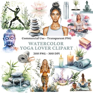 Pacote de 200 clipart de amantes de ioga em aquarela - Clip Art de meditação - Autocuidado PNG - Adesivos para download digital de fitness - Relaxe - Uso comercial