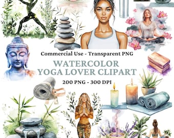 200 Watercolor Yoga Lover Clipart Bundle - Meditation Clip Art - Self Care PNG - Fitness Digital Download Stickers - Relax - Commercial Use