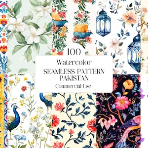 Bundel 100 naadloze Pakistan-patronen – aquarel vrachtwagenkunst, paisley, jasmijn, eid-motieven, mughal-bloemen en culturele iconen – digitale tegels