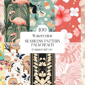 100 Palm Beach Seamless Pattern Set, Tropical Watercolor Digital Papers for Summer Fabric, Scrapbooking, Packaging & Coastal Design Projects