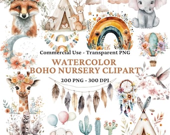 200 Boho Nursery Clipart - Cute Boho Doodle Clipart Bundle - Boho Animal Clipart - Baby Shower Clipart - Rainbow PNG - Boho Baby Clipart