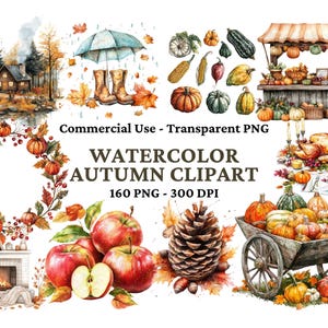 160 imágenes prediseñadas de diseño otoñal - Acuarela otoñal PNG - Imágenes prediseñadas de uso comercial - Paquete de imágenes prediseñadas de otoño acogedor - Imágenes prediseñadas acogedoras - Temporada de Halloween