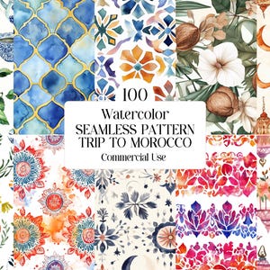 100 naadloze aquarelreis naar Marokko, Marokkaans tegelpatroon, kameel, bloemen digitale download, herhalend patroon, plakboekpapier