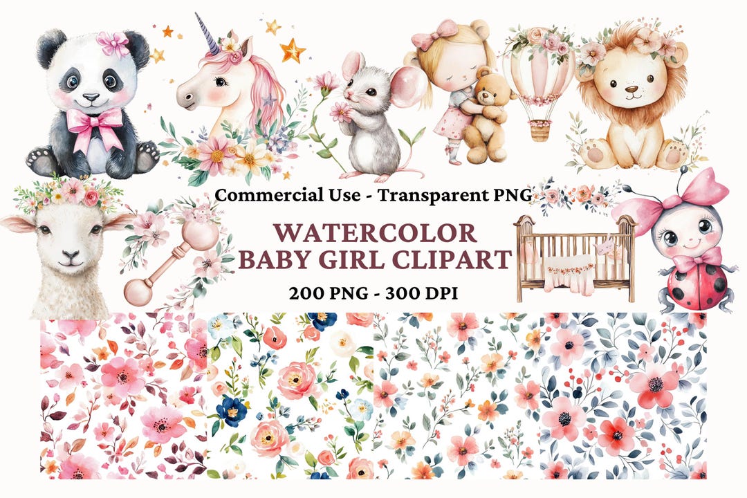 200 Watercolor Baby Shower Clipart Bundle - Newborn Baby Girl - Nursery ...