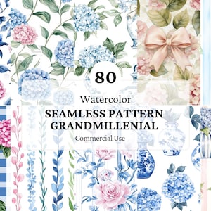 80 Watercolor Grandmillenial Seamless Pattern - Pastel Florals Clipart - Digital Papers - Repeating Pattern - Seamless Paper PNG -Commercial