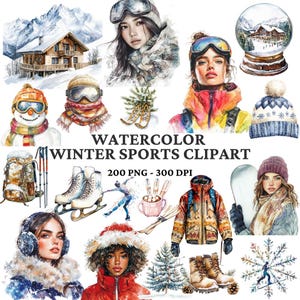 Lot de 200 cliparts aquarelle sports d'hiver - ski, snowboard, patinage sur glace art numérique pour le scrapbooking et l'artisanat - usage Commercial