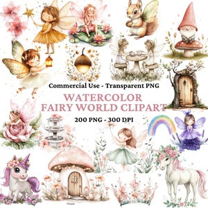 200 cliparts monde féerique aquarelle - fée rose PNG - jardin féerique - clipart champignon - licorne - clipart floral - clipart magique chambre d'enfant