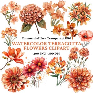200 Aquarell Terrakotta Blumen Clipart Paket - Herbst Clipart - Kommerzielle Nutzung, transparenter Hintergrund PNGs - Hochzeit botanische Clipart