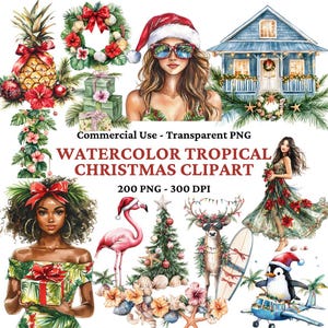200 Watercolor Tropical Christmas ClipArt - Cozy Winter Clip Art Bundle - Ocean Christmas PNG - Tropical PNG - Cottagecore -Digital Download