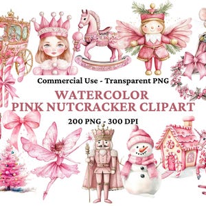 200 Clipart de Natal de Quebra-Nozes - Natal Rosa - Elementos de Artesanato de Natal - Aquarela Pastel - Bailarina de Natal - Uso Comercial