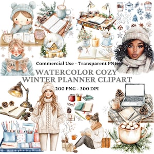 Clipart di planner invernale accogliente con acquerello - Clip art di planner invernale Boho - Pacchetto PNG di planner Girl - Pianificazione - Uso commerciale - Adesivi digitali
