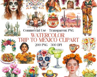 200 Trip to Mexico Cliparts - Mexican Theme Digital Art - Fiesta, Cactus, Maracas, Day of the Dead Graphics for Crafts - Commercial Use