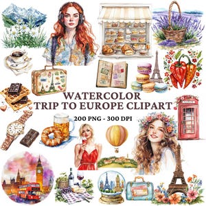 200 cliparts de voyage en Europe à l'aquarelle - Monuments, filles à la mode, nourriture et villes - Stickers numériques pour scrapbooking, POD, cliparts européens