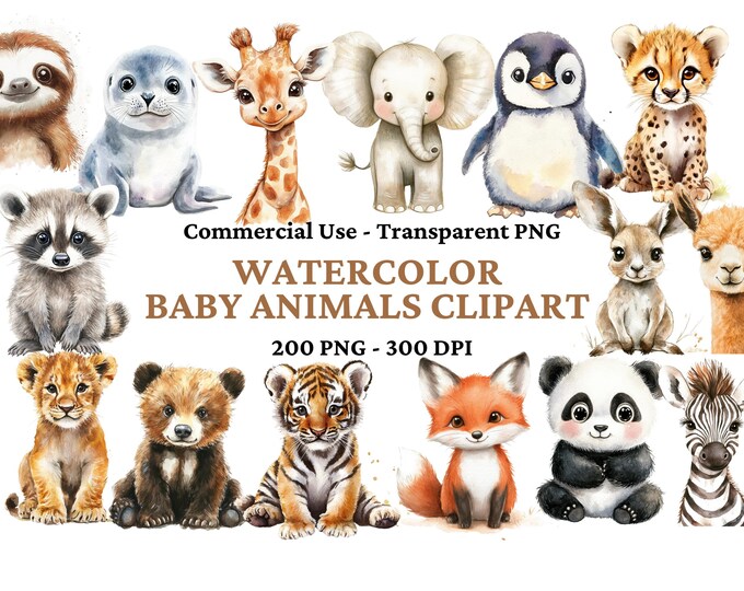 200 Baby Animals Clipart - Watercolor Clipart - Nursery Clipart - Baby ...