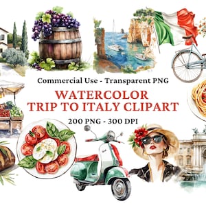 200 Italy Clipart - Rome Clipart - Trevi Fountain Clipart - Watercolor Colosseum PNG - Pizza Clipart - Trip to Italy Clipart -Commercial Use