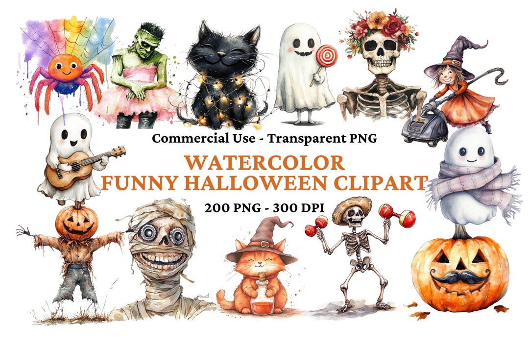 200 Watercolor Funny Halloween Clipart - Scary PNG, Pumpkin - Kids ...