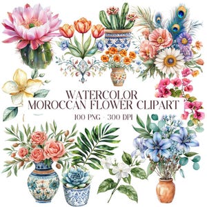 100 aquarel Marokkaanse bloem- bloemstukken ClipArt, bougainvillea jasmijn palm botanische composities png, zomer digitale download