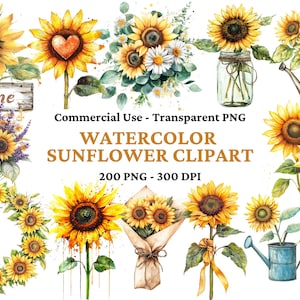 200 Aquarell Sonnenblumen Clipart - Aquarell Clipart - Blumen PNG - Herbst Fett Clipart - Sonnenblumen Hochzeit Clipart - Kommerzielle Nutzung Clipart