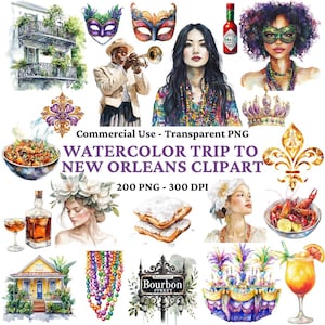 200 cliparts aquarelle voyage à la Nouvelle-Orléans - Jazz, Mardi Gras et charme du Sud - Art numérique pour décoration artisanale - Gumbo - Usage commercial