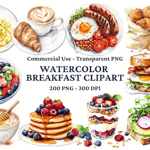 200 aquarel ontbijt clipart-elementen voor café clipart-menu eten PNG-croissant PNG-koffie-junk Journal PNG-commercieel gebruik