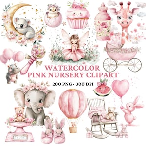 200 rosa Aquarell Cliparts fürs Kinderzimmer – Handgemalte Baby Elemente, Einladungen, Aufkleber, Wand Kunst & DIY, Baby Girl, süße Tiere