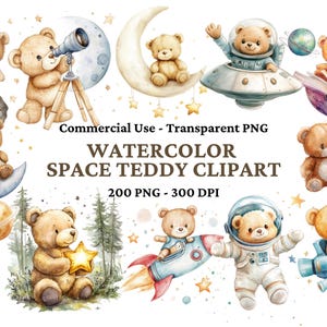 200 Clipart di astronauti ad acquerello - Orsacchiotto spaziale - Clipart di neonati - Clipart di asili nido, neonati - PNG dello spazio esterno - Immagini per uso commerciale