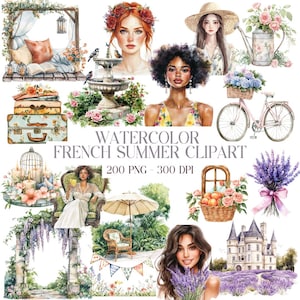200 Watercolor French Summer Clipart, Elegant French Country, Summer Clipart Set, Romantic French Garden PNG Clipart, Digital Download