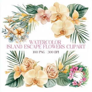 100 Insel Flucht Blumen Clipart Set, tropische Aquarell Blumen PNGs für Sommereinladungen, Hochzeitsdekor, Aufkleber & kreative Projekte