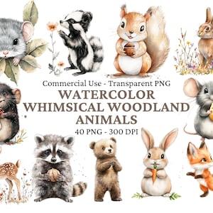 40 Watercolor Woodland Creatures Clipart - Watercolor Woodland Animals PNG - Transparent PNG - Nursery Clipart - Commercial Use Clipart