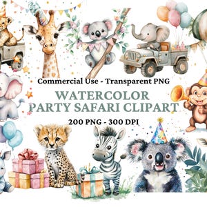 200 cliparts aquarelle animaux de safari - Safari d'anniversaire - Clipart fête d'enfants - Safari fête - Clipart d'étapes importantes - usage Commercial