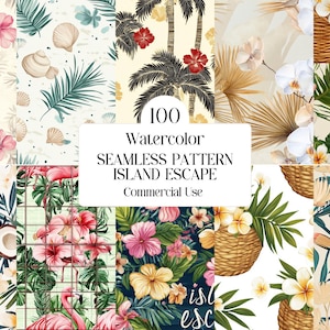 100 Insel entkommen Nahtlose Muster Set, Tropisches Aquarell Digitale Papiere Stoffdesign, Scrapbooking, Verpackung & Sommer Projekte