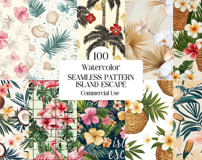 100 Island Escape Seamless Pattern Set, Tropical Watercolor Digital ...