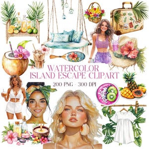 200 Insel entkommen Clipart Set, tropische Aquarell PNGs für Sommereinladungen, Reiseaufkleber, Küstendekor, Planer & Stranddesignprojekte