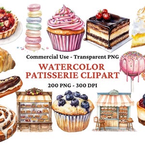 200 Clipart di pasticceria ad acquerello - Elementi per clipart di caffè - Menu cibo PNG - Clipart di pasticceria - Torta PNG - Junk Journal PNG - Uso commerciale