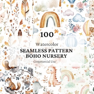 100 patrones de guardería boho - Lindo paquete de patrones de garabatos bohemios - Patrón sin costuras de animales bohemios - Patrón de baby shower - Patrón sin costuras de arcoíris