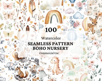 100 Boho Nursery Pattern - Cute Boho Doodle Pattern Bundle - Boho Animal Seamless Pattern - Baby Shower Pattern - Rainbow Seamless Pattern