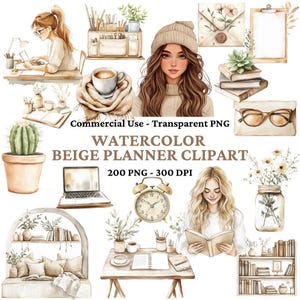 200 aquarel beige planner minnaar clipart - planner illustraties - planner meisje PNG bundel - gezellige planning - commercieel gebruik - digitale stickers