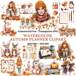 200 Clipart di Planner autunnale accogliente con acquerello - Clip art di Planner autunnale Boho - Pacchetto PNG di Planner Girl - Pianificazione - Uso commerciale - Adesivi digitali