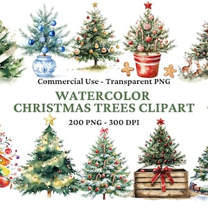 200 Clipart di alberi di Natale ad acquerello - Pacchetto di clipart di Natale - PNG invernali - PNG di alberi di pino - Botanici invernali - PNG di alberi - Uso commerciale