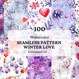 100 reizende, winterliche, nahtlose Aquarell-Muster - Gemütliches Romantisches JPEG - Ornamente - Herzen - Digitales Rapportmuster - Scrapbookpapier