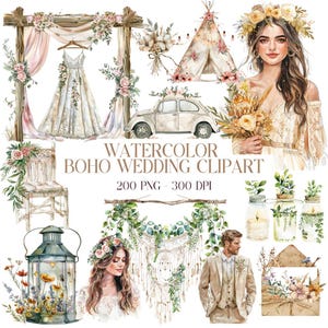 Conjunto de 200 imágenes prediseñadas de acuarela para bodas bohemias, paquete PNG floral de acuarela para invitaciones, decoración de novia bohemia, arco rústico, elementos bohemios