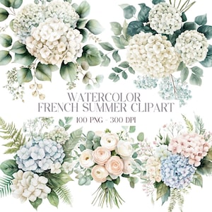 100 arreglos florales de verano franceses en acuarela, imágenes prediseñadas florales francesas, imágenes prediseñadas de rosas blancas crema, imágenes prediseñadas de lilas y flores de durazno, imágenes digitales
