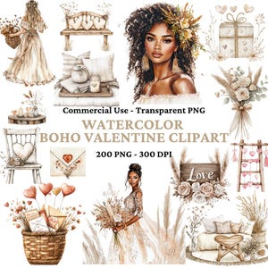 200 Watercolor Boho Valentine Clipart Bundle - Romantic Clip Art PNG - Rustic Love - Boho Clipart - Adesivi per download digitale - Uso commerciale