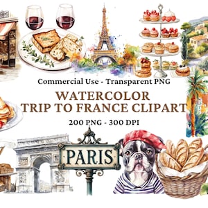 200 Clipart Francia - Clipart Parigi - Clipart Torre Eiffel - Acquerello Notre Dame - Clipart Baguette - Clipart Viaggio in Francia - Uso commerciale