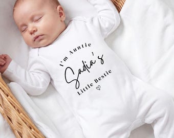Aunties Little Bestie Baby Grow | Personalised Auntie Name Shirt | Custom Niece Nephew Toddler Romper